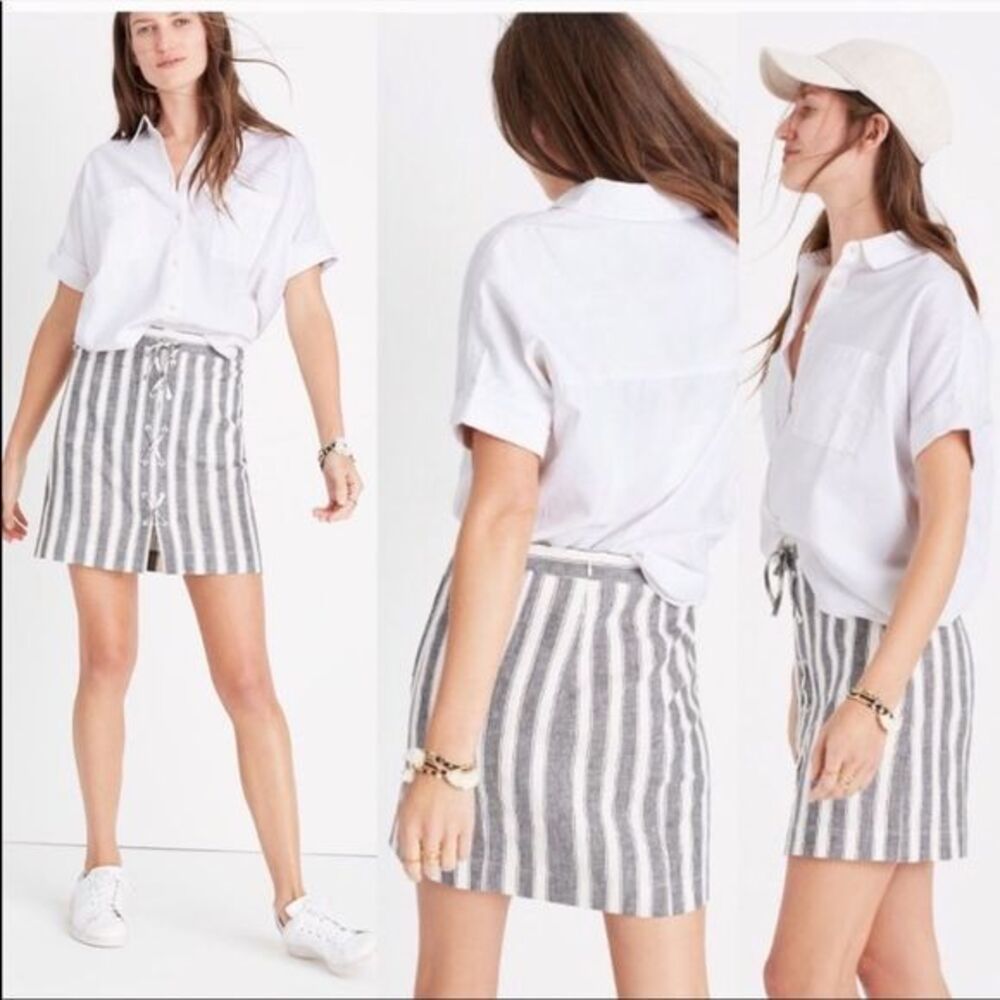 Madewell Striped Lace Up Linen Mini Skirt Gray & white 0